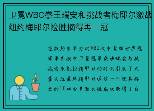 卫冕WBO拳王瑞安和挑战者梅耶尔激战纽约梅耶尔险胜摘得再一冠
